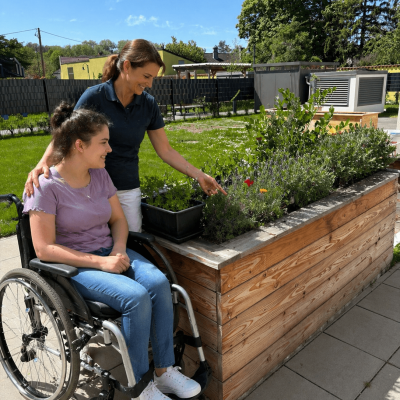 Beim Blumenbeet Haus mit Leben